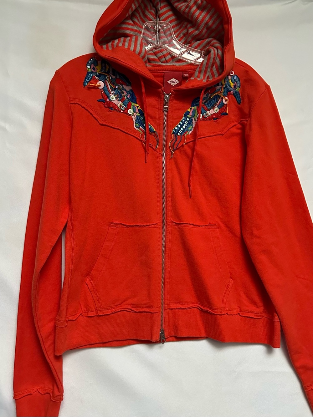 OILILY ZIP HOODIE SWEATSHIRT WOMEN’S EMBROIDERED EMBELLISHED BIRDS ART ORANGE XL